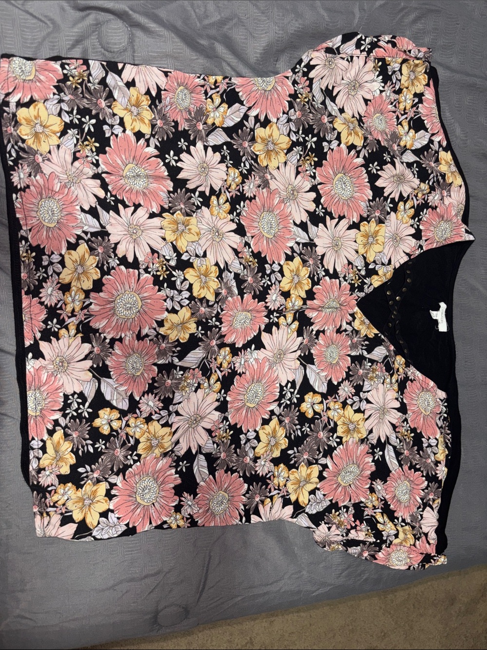 Maurices Black Floral V-Neck Top with Pink and Yellow Flowers
